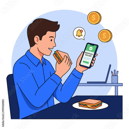 Man sitting at desk eating sandwich and using phone with money floating