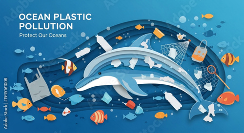 Ocean plastic pollution concept with dolphins and fish surrounded by trash and debris in the sea