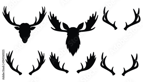 Deer silhouette icon set with antlers and moose head vector illustration