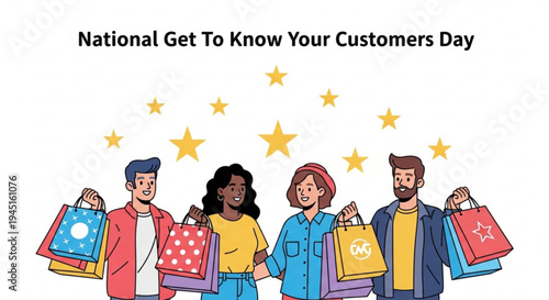 Diverse group of people celebrating national get to know your customers day with shopping bags and stars
