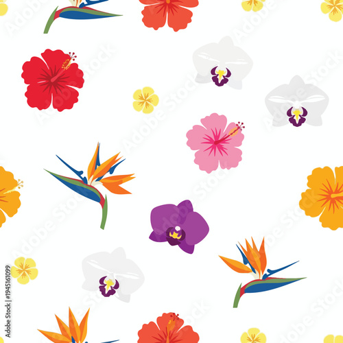 A vibrant, seamless pattern of exotic tropical flowers on a white background