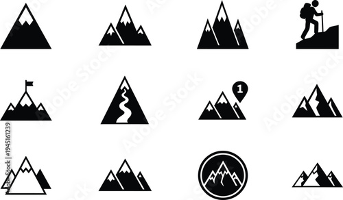 Mountain peak climbing adventure icon set flat design vector illustration scalable graphic