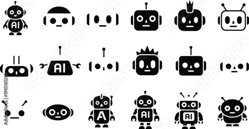 Robot AI icons set with futuristic technology and automation concepts flat design vector illustration