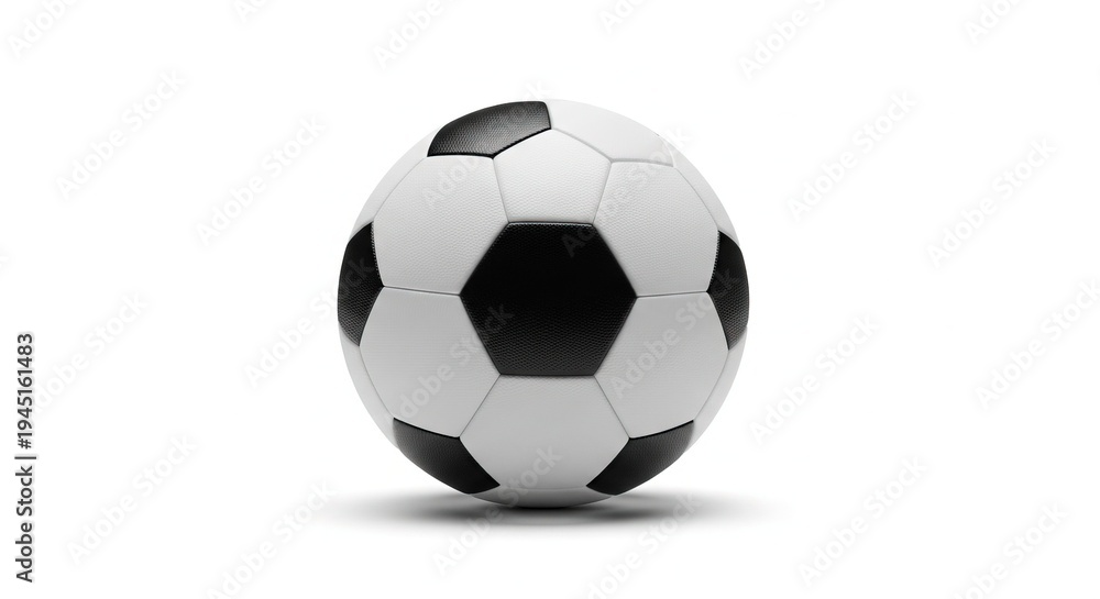 Fototapeta premium A black and white soccer ball sitting on a plain white surface with a subtle shadow underneath it