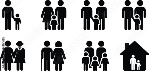 Family life stages and home ownership flat design vector illustration icon set with parents, children, and house