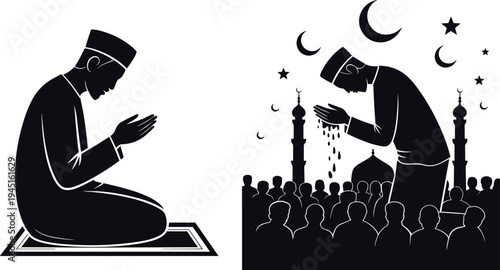 Muslim man praying in mosque with crescent moon and stars, Islamic prayer and worship during Ramadan Kareem and Eid Mubarak spiritual vector illustration
