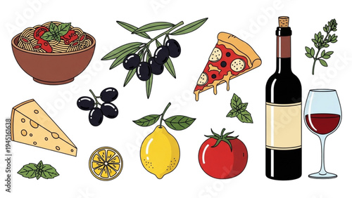 A variety of food and drink items are arranged on a table with wine.