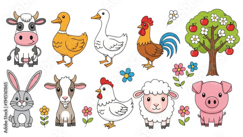 Farm animals gathered around a fruit tree in a field with flowers