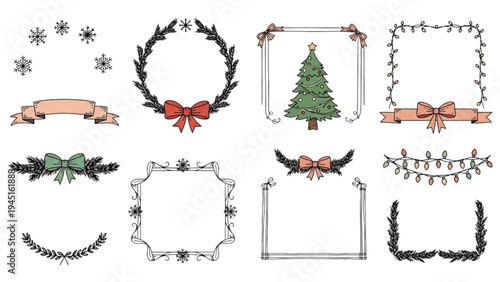 Christmas decorations and frames on a white background with snowflakes