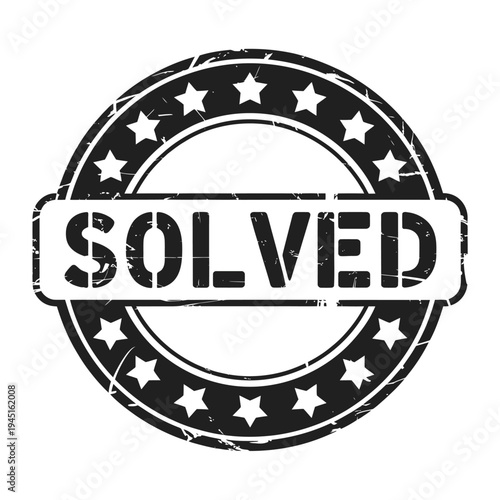 A distressed circular stamp declares solved with surrounding stars