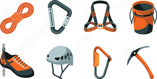 Climbing equipment illustration set, mountaineering gear collection with rope carabiner harness helmet boots ice axe and chalk bucket