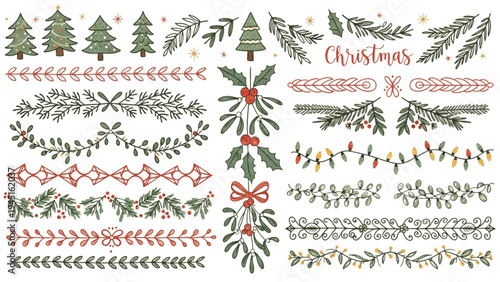 Christmas decorations and ornaments are displayed on a white background with various festive elements.