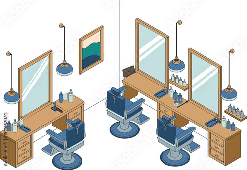 Isometric barbershop interior illustration, modern barber salon chairs mirrors and grooming tools, professional hairdresser workspace design concept