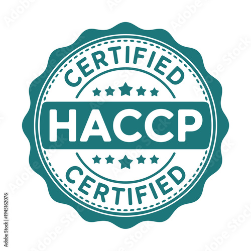 A teal circular certified haccp badge with stars and dotted border
