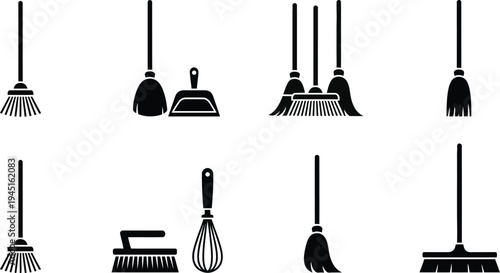 House cleaning tools set flat design vector illustration with broom, mop, brush, dustpan, and whisk