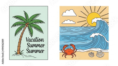 A serene beach scene with a palm tree, crab, and waves on a sunny summer day.