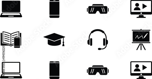 Education and technology vector icon set, flat design school and office elements collection, scalable vector illustration