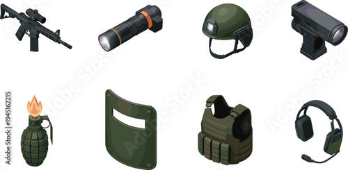 Isometric military tactical equipment set, rifle flashlight helmet camera grenade shield armor vest headset, army defense gear illustration