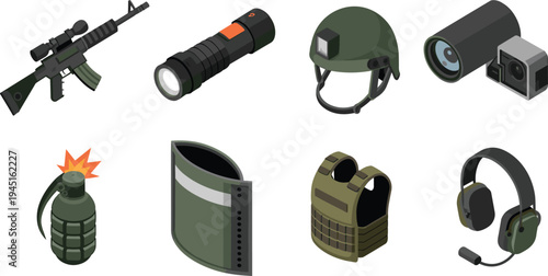 Isometric military tactical equipment set, rifle flashlight helmet camera grenade shield body armor headset, army combat gear illustration