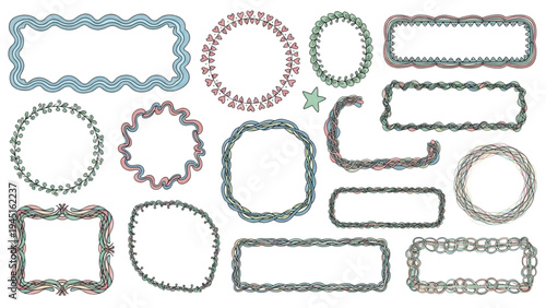 Various decorative borders and frames are arranged on a white background for design.