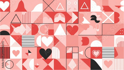 Geometric shapes and hearts fill the abstract illustration