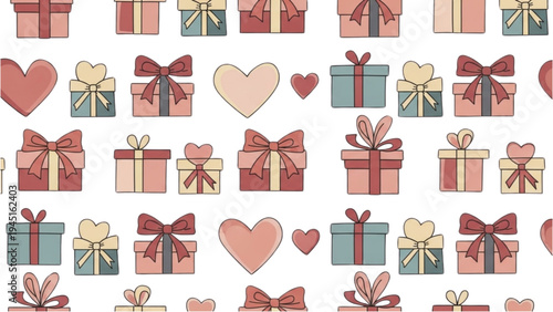 A festive scene with wrapped presents and hearts on display