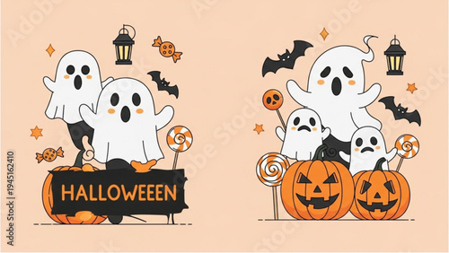 Ghosts are celebrating Halloween with pumpkins and candy outdoors at night