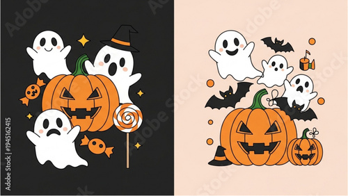 Ghosts and pumpkins celebrate Halloween with candy outdoors at night