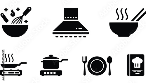 A set of kitchen icons in black silhouette on white background