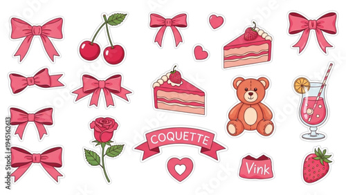 Pink themed stickers with bows, cherries, cake, teddy, and flowers on white