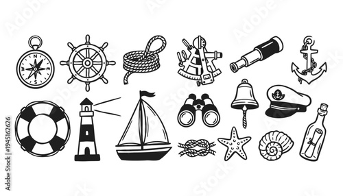 Nautical icon set including ship wheel and anchor illustrations