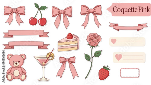 Pink themed stickers with bows, teddy bear, cake, and fruits on white