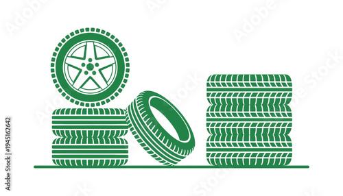 Tire vector illustration of stacked green tires and wheel on white background
