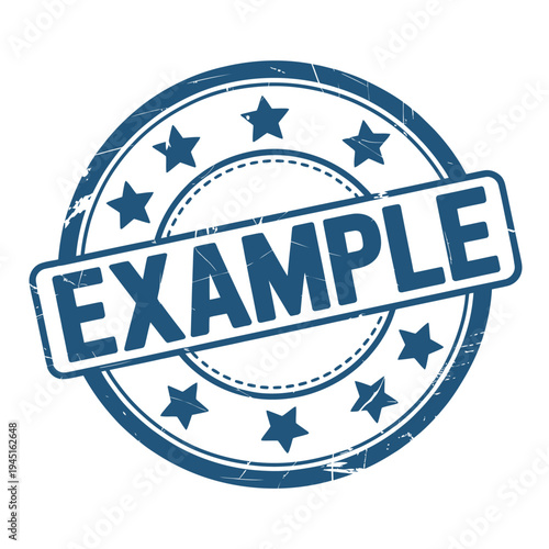 A distressed circular blue stamp displaying the word example with five stars