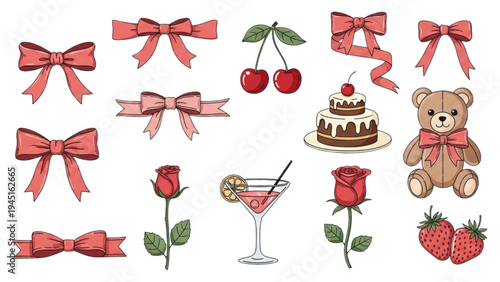 A festive arrangement of bows, cherries, cake, and teddy bear with roses and cocktail