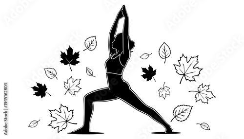 Yoga woman silhouette in a dynamic pose with falling leaves