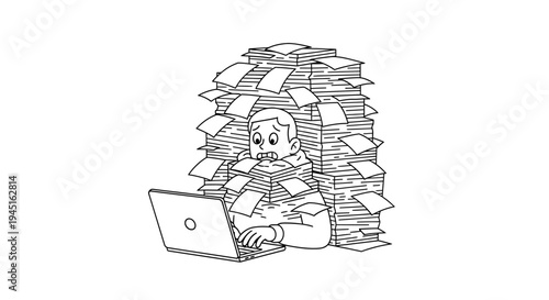Overwhelmed businessman drowning in a mountain of paperwork while working on his laptop
