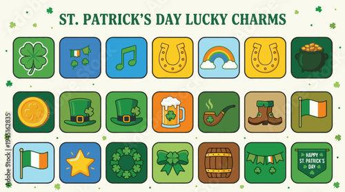 Vibrant collection of cheerful icons celebrating traditional Irish culture and St
