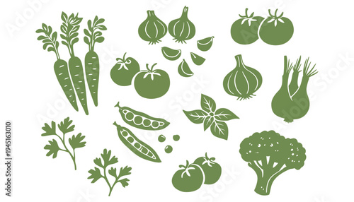 Vegetable icons set including carrots, onions, tomatoes, and broccoli silhouette