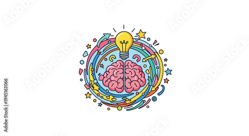 Vibrant abstract illustration of a brain with a lightbulb and dynamic colorful elements, embodying creative thinking, innovation, idea generation, and insightful problem-solving