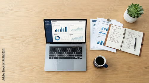 Overhead view of a modern workspace with a laptop showing business analytics, financial documents, a notebook, and coffee on a wooden desk.
