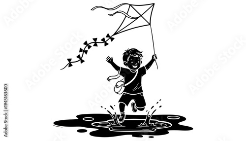 A boy silhouette illustration flying a kite in a puddle of water