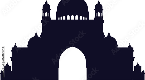 Islamic mosque silhouette with grand arch entrance, domes and towers, Arabic architecture landmark for Ramadan Kareem and Eid Mubarak celebration vector illustration
