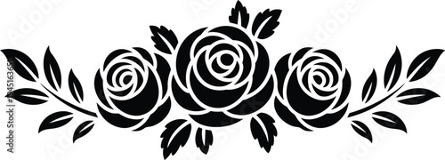 Romantic rose vine border element, black vector illustration featuring intertwined roses and decorative floral motifs for wedding invitations stationery and elegant design.