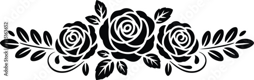 Romantic rose vine border element, minimalist black floral vector with elegant vine and rose details for romantic, vintage, and decorative graphic projects.