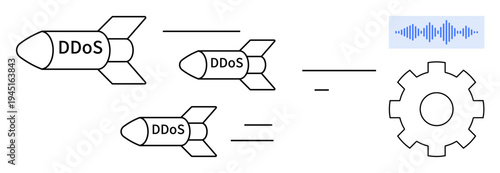 DDoS attack concept. ion of DDoS attack with missiles cyber threats, targeting a system gear and network signal. DDoS as a cybercrime threat in technology, security, and internet risk prevention
