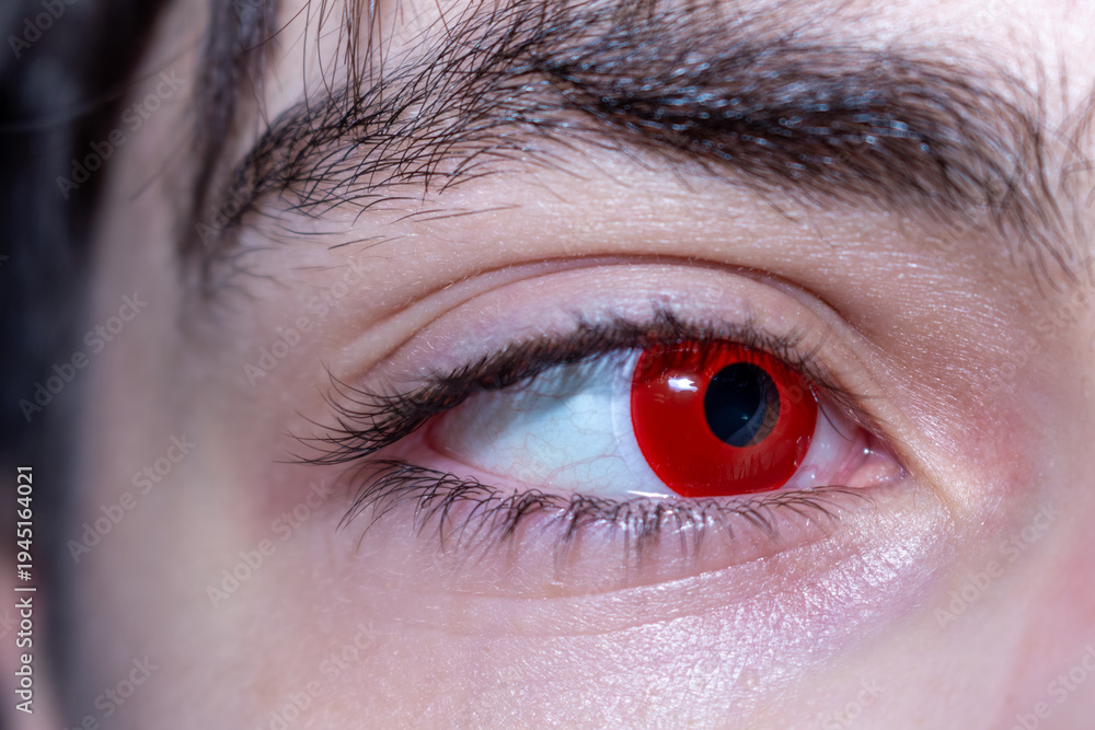 Obraz premium A dramatic portrait of a male eye with intense red contact lenses capturing a captivating and mysterious gaze