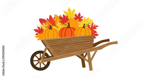 Wooden Wheelbarrow Filled with Orange Pumpkins and Yellow Autumn Leaves on an Isolated White Background, Bright Fall Harvest Scene