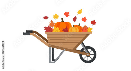 Wooden Wheelbarrow Filled with Orange Pumpkins and Falling Autumn Leaves on an Isolated White Background, Rustic Fall Decor