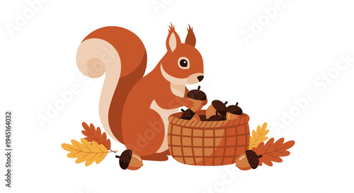 Cute Squirrel Collecting Acorns into a Woven Basket Surrounded by Autumn Leaves and Nuts on an Isolated White Background, Preparing for Winter